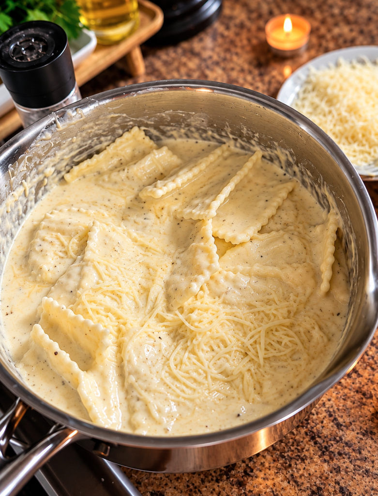 White cheese ravioli with a creamy cheese sauce