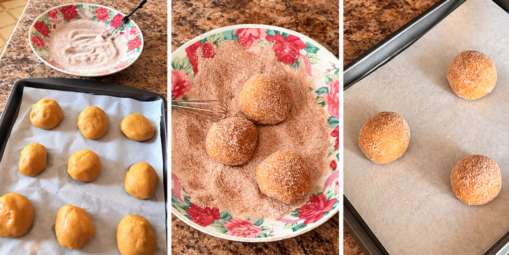 Cookie dough balls coated in cinnamon sugar and ready to bake.