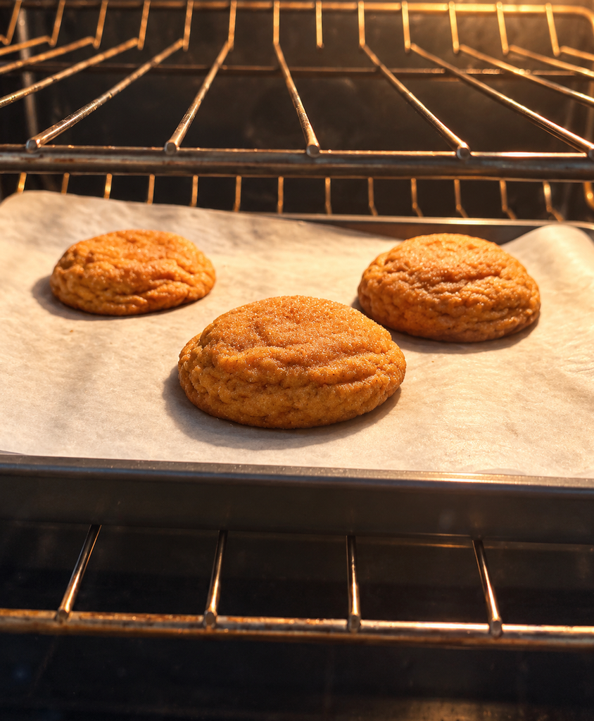 Pumpkin spice cookies baking on a cookie sheet in a 350°F oven until golden and soft.