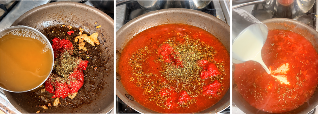 Three side-by-side photos showing the preparation of roasted tomato and red pepper soup, with vegetable broth, tomato paste, garlic, and herbs added to a skillet, followed by cream being poured into the tomato soup mixture.