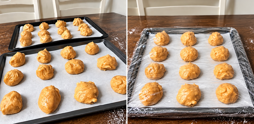 Golden pumpkin spice cookie dough scoops arranged on parchment-lined baking sheets, with one tray covered in plastic wrap for chilling.